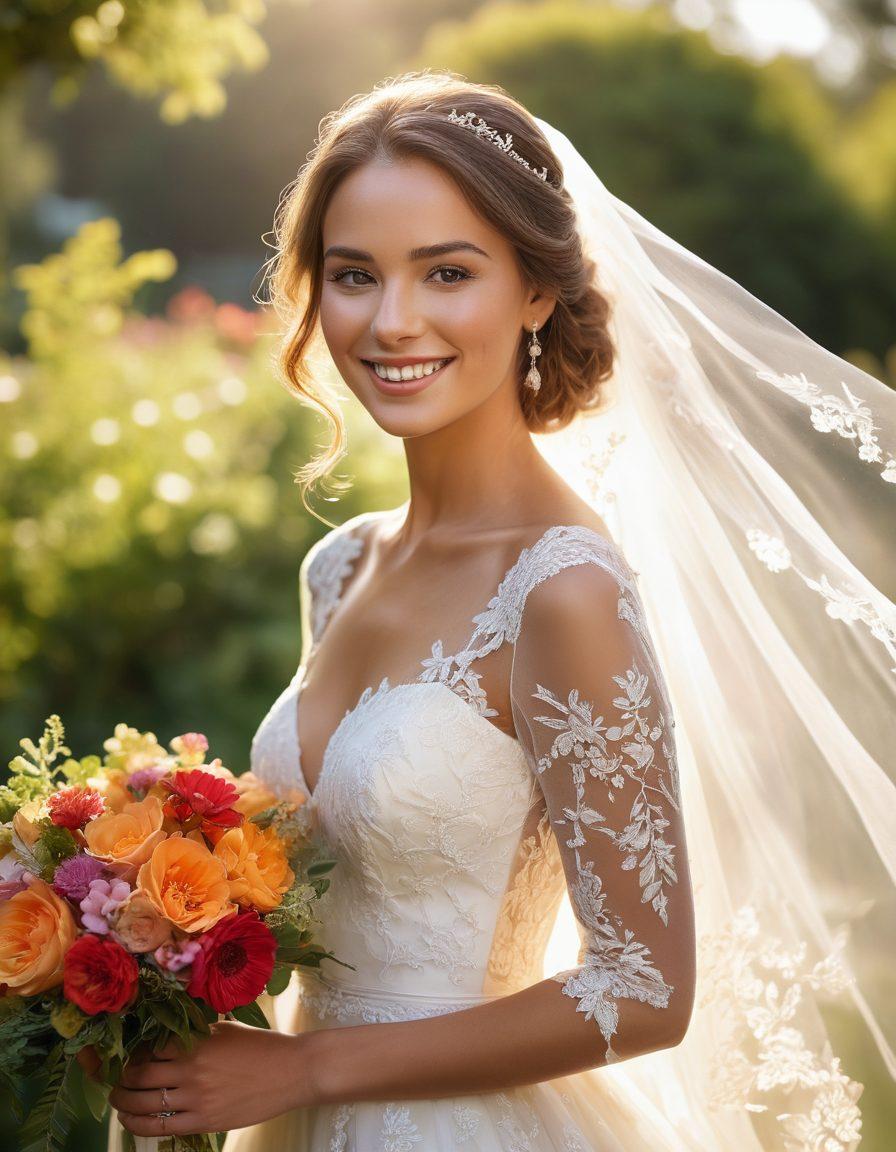 A joyful bride basking in golden sunlight surrounded by vibrant flowers, holding a beautiful bouquet while laughing with friends. Include delicate lace details of her gown and soft, elegant decorations in the background. Capture the warmth and essence of love and celebration, with a sense of movement as her veil flows in the breeze. super-realistic. vibrant colors. soft focus.