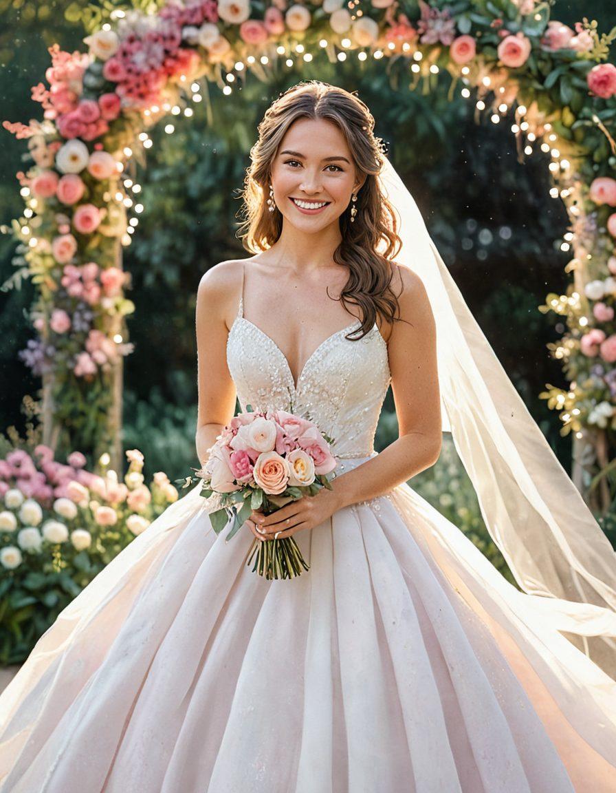 An enchanting scene portraying a joyful bride in a flowing white gown, surrounded by vibrant flowers and twinkling fairy lights, symbolizing the journey from engagement to celebration. Include a radiant smile, a sparkling ring in her hand, and blurred guests in the background, capturing the essence of love and happiness. Soft pink and gold tones create a romantic atmosphere. watercolor painting. vibrant colors. dreamy. soft focus.