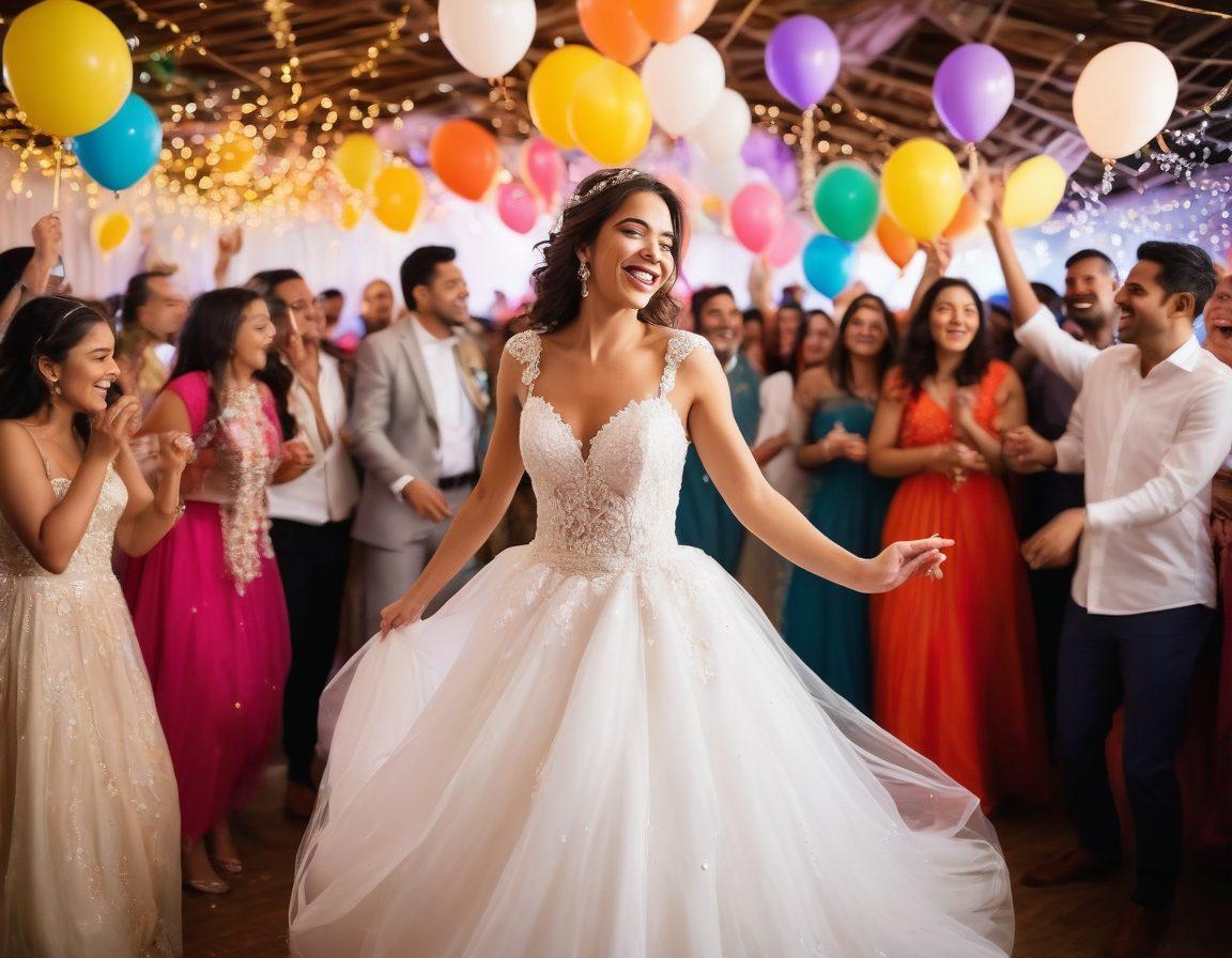 A vibrant scene capturing a joyful wedding celebration, featuring a bride in a stunning gown dancing gracefully on a lively dance floor surrounded by friends and family, balloons and twinkling fairy lights overhead. The atmosphere is filled with laughter and love, embodying the essence of a joyous occasion. A soft focus on the bride's euphoric expression and colorful decorations enhances the celebratory mood. whimsical, bright colors, dynamic composition.